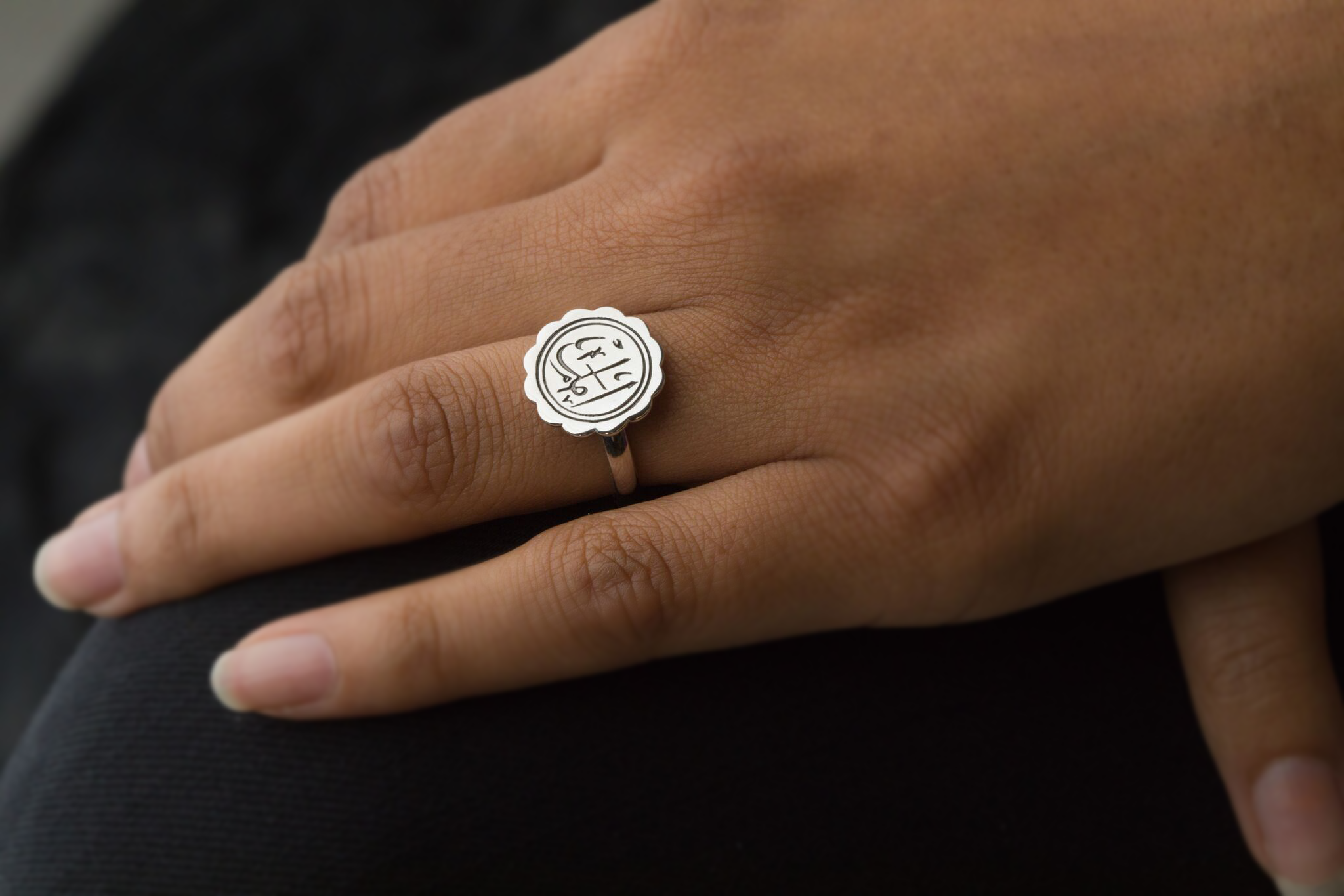 Amal (hope) Arabic calligraphy ring worn