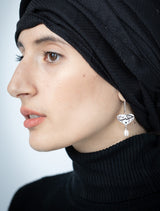 Love and pearls Arabic calligraphy earrings worn