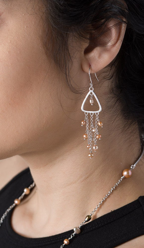 Pearl Waterfall Triangle Earrings: Autumn Tones worn